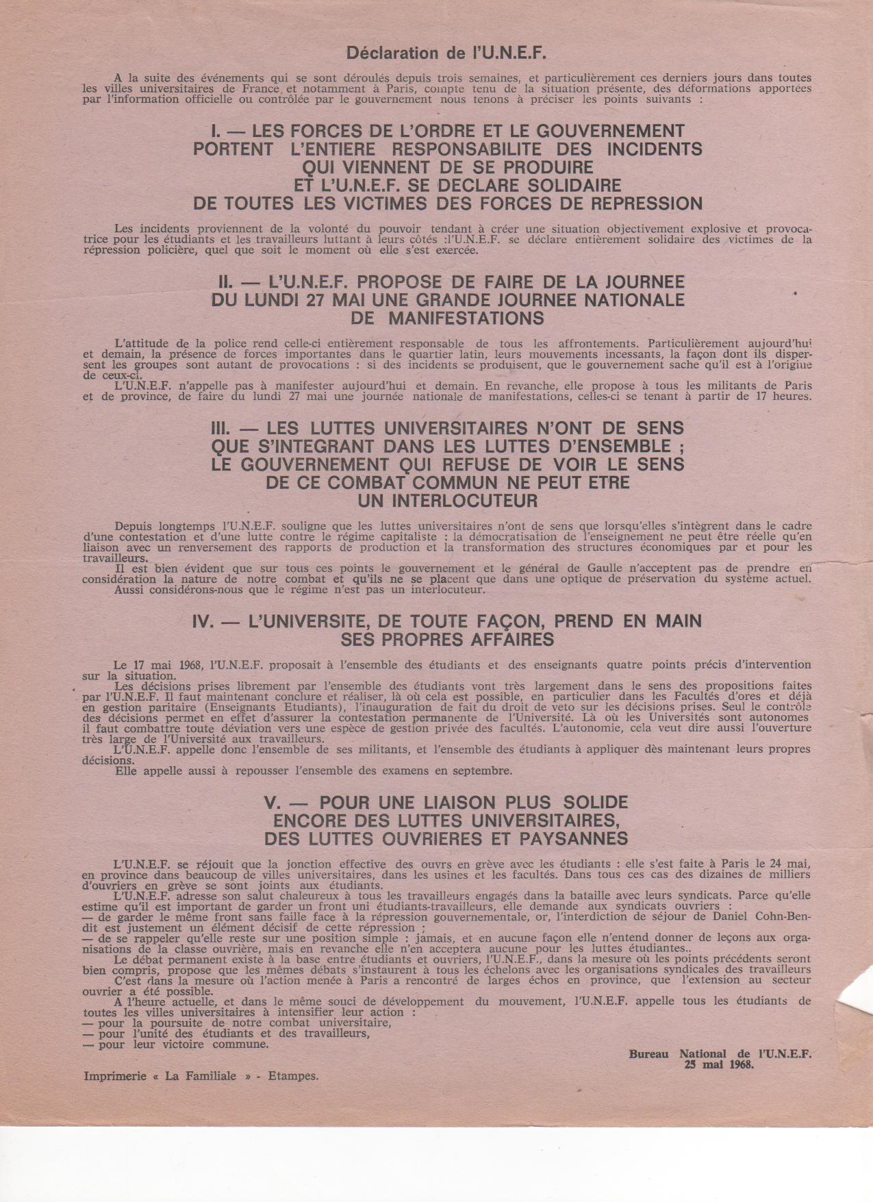 tract BN UNEF 25 mai 1968